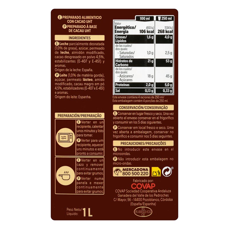 Chocolate líquido a la taza Hacendado — otra vista del envase