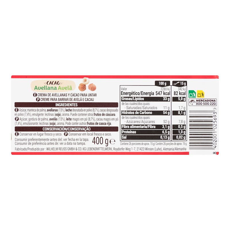 Crema de avellanas y cacao Hacendado — otra vista del envase