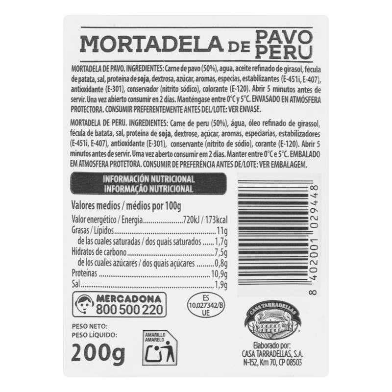 Mortadela de pavo Hacendado finas lonchas — otra vista del envase