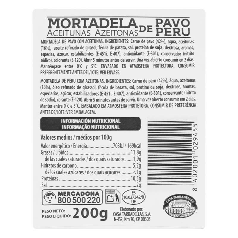Mortadela de pavo con aceitunas Hacendado finas lonchas — otra vista del envase