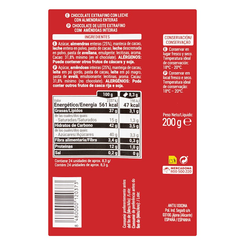 Chocolate extrafino con leche Hacendado almendras enteras — otra vista del envase