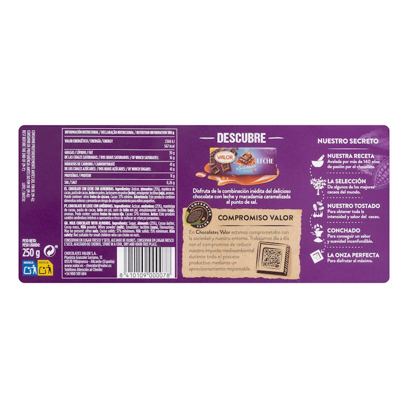 Chocolate con leche Valor almendras enteras — otra vista del envase