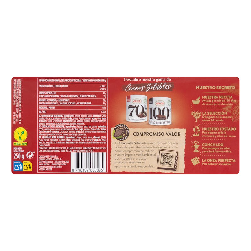 Chocolate puro Valor con almendras enteras — otra vista del envase