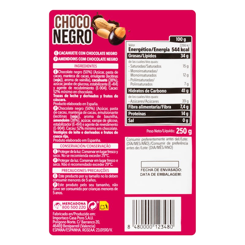 Cacahuetes Hacendado chocolate negro — otra vista del envase