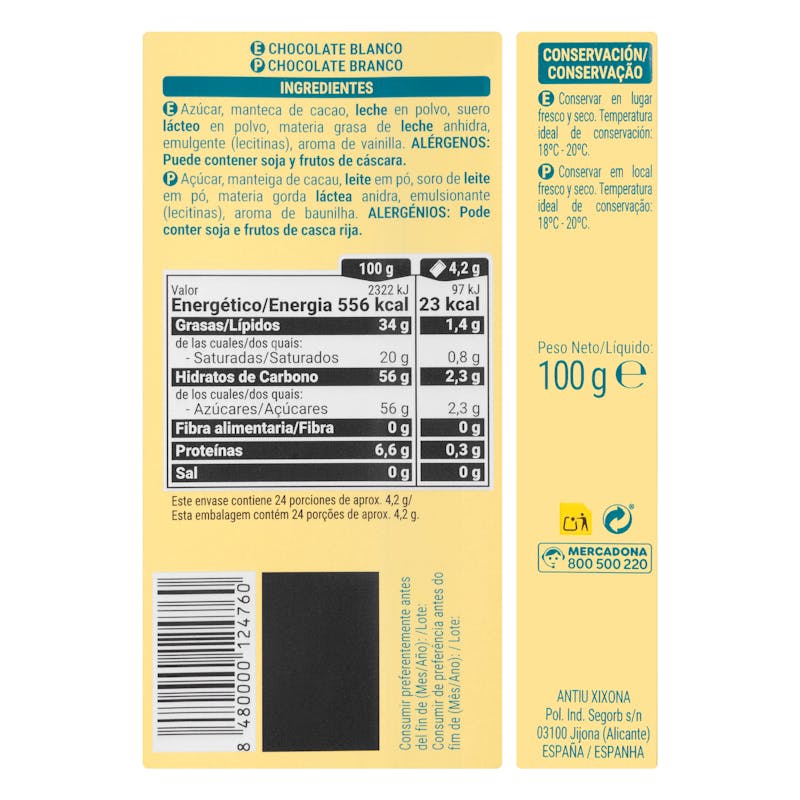 Chocolate blanco Hacendado — otra vista del envase