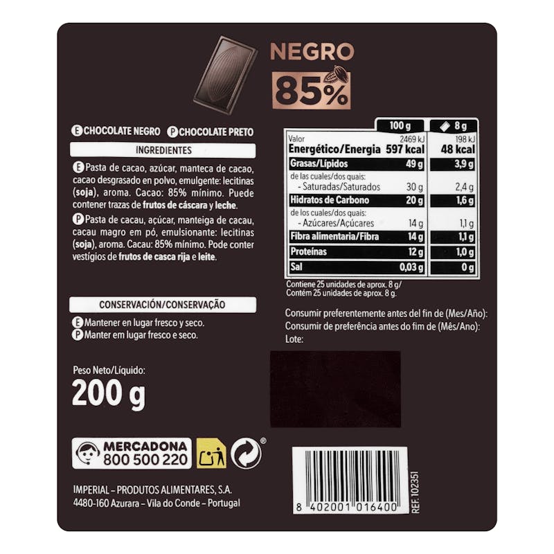 Porciones de Chocolate negro 85% cacao extrafino Hacendado — otra vista del envase