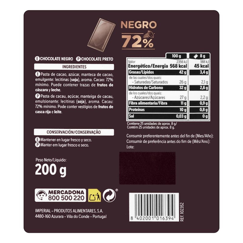 Porciones de chocolate negro 72% cacao extrafino Hacendado — otra vista del envase