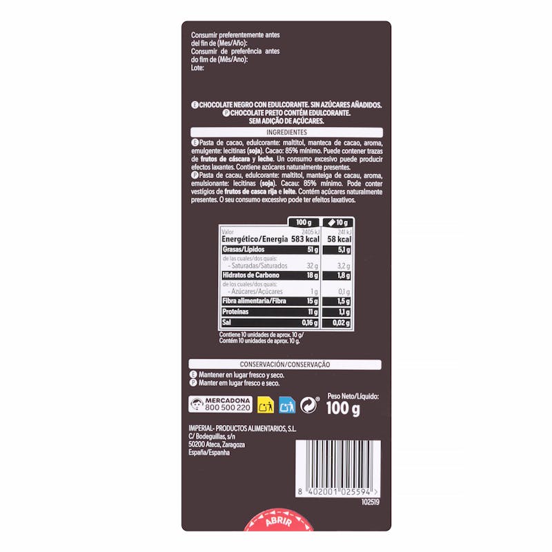 Chocolate negro 85% cacao extrafino y edulcorante Hacendado 0% azúcares añadidos — otra vista del envase