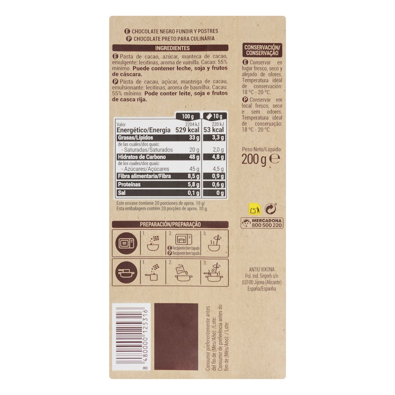 Chocolate negro fundir Hacendado — otra vista del envase
