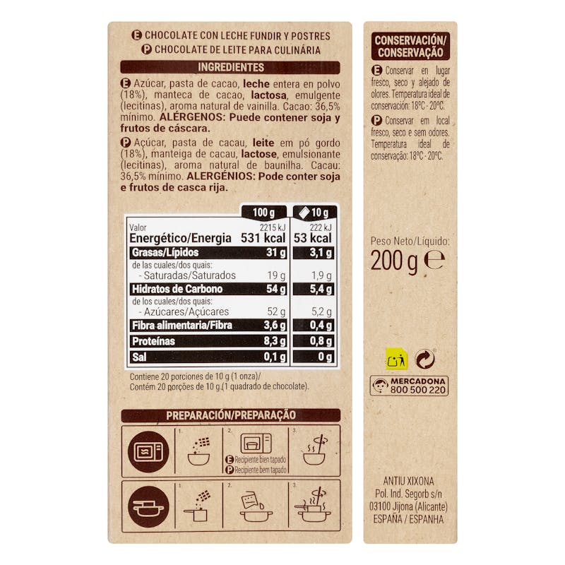 Chocolate con leche fundir Hacendado — otra vista del envase
