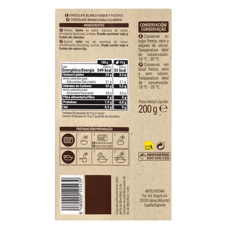 Chocolate blanco fundir Hacendado — otra vista del envase