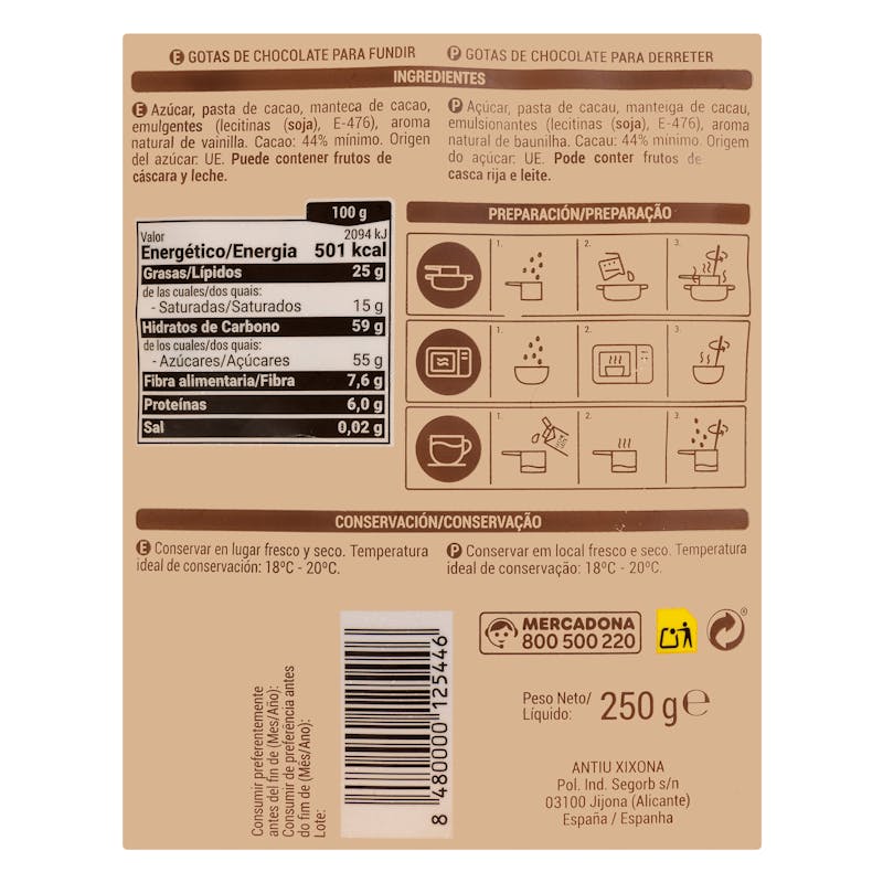 Gotas de chocolate negro para fundir Hacendado — otra vista del envase