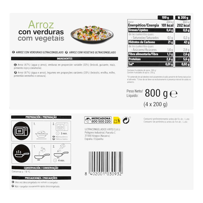Arroz con verduras para microondas Hacendado ultracongelado — otra vista del envase