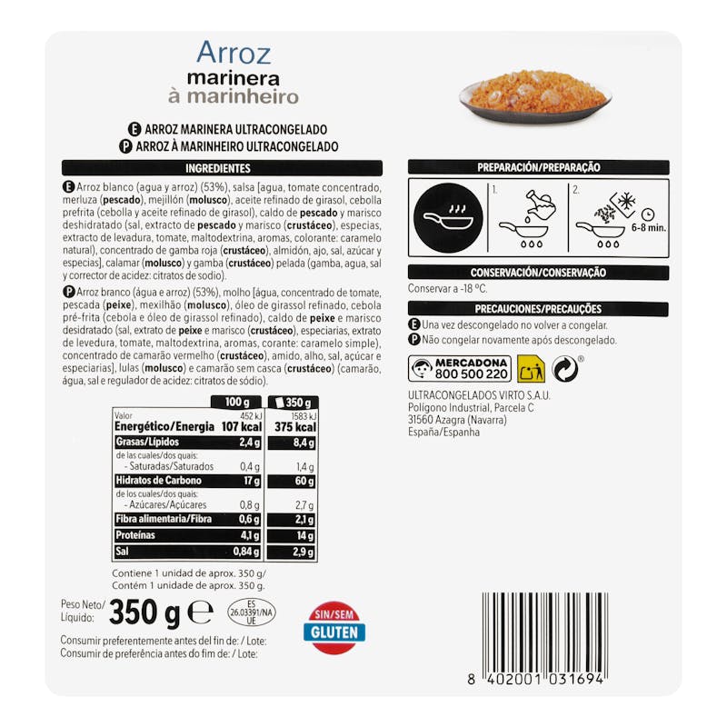 Arroz marinera Hacendado ultracongelado — otra vista del envase