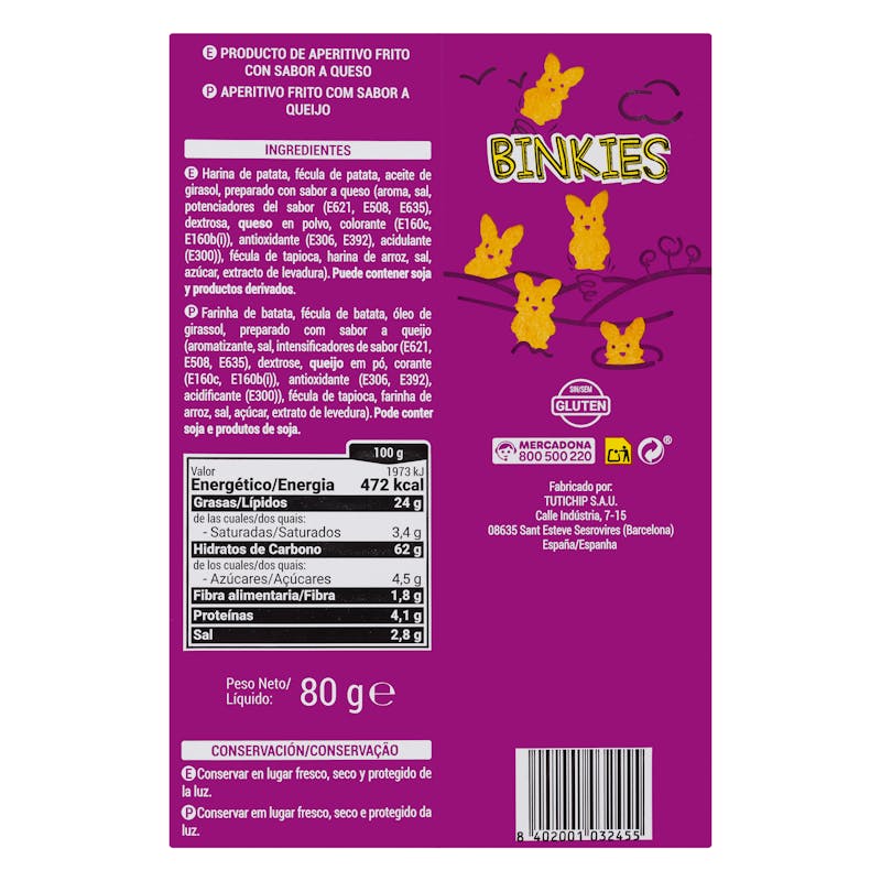 Snack frito Binkies sabor queso Hacendado — otra vista del envase