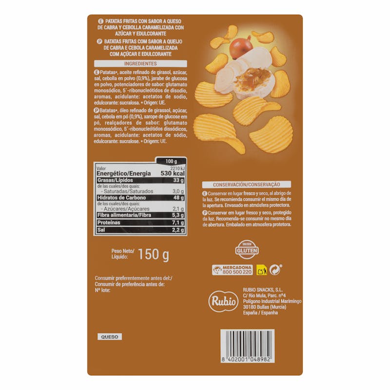 Patatas fritas onduladas sabor queso de cabra y cebolla caramelizada Hacendado — otra vista del envase