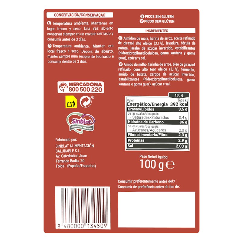 Picos sin gluten Hacendado — otra vista del envase