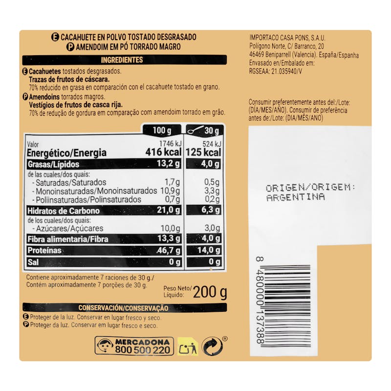 Cacahuete en polvo desgrasado +Proteínas 14 g 70% reducido en grasa Hacendado — otra vista del envase