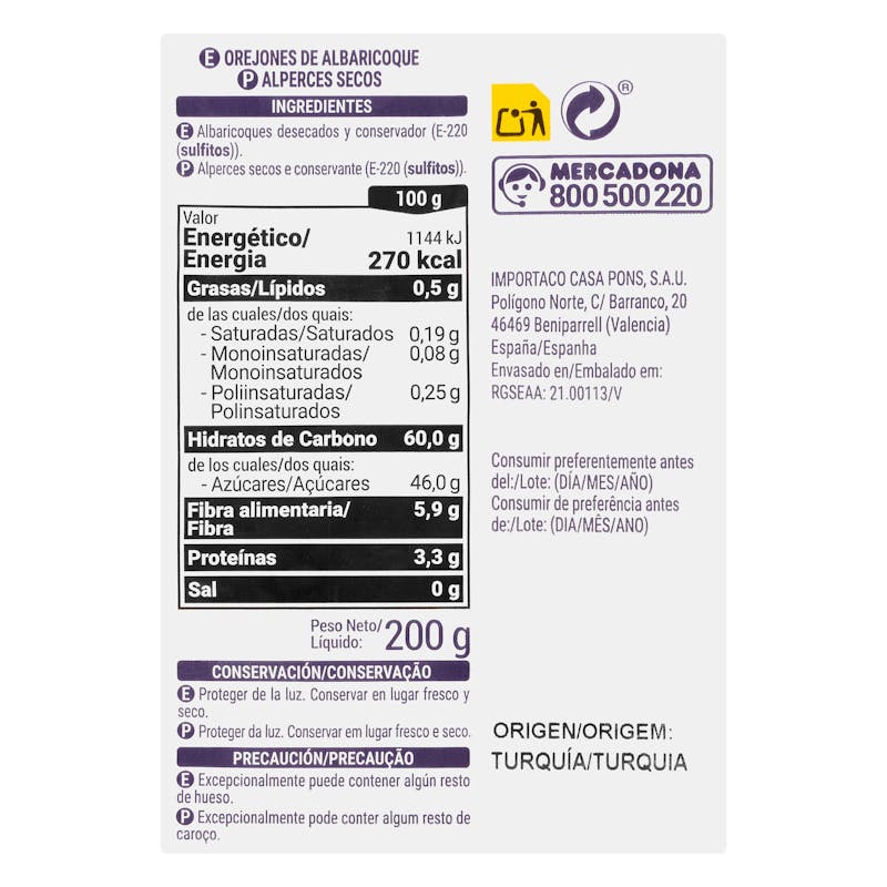 Orejones albaricoque Hacendado — otra vista del envase