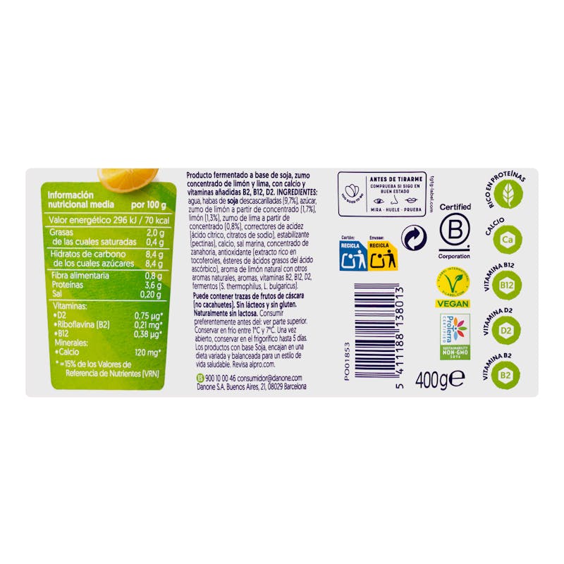 Postre de soja sabor lima limón Alpro — otra vista del envase