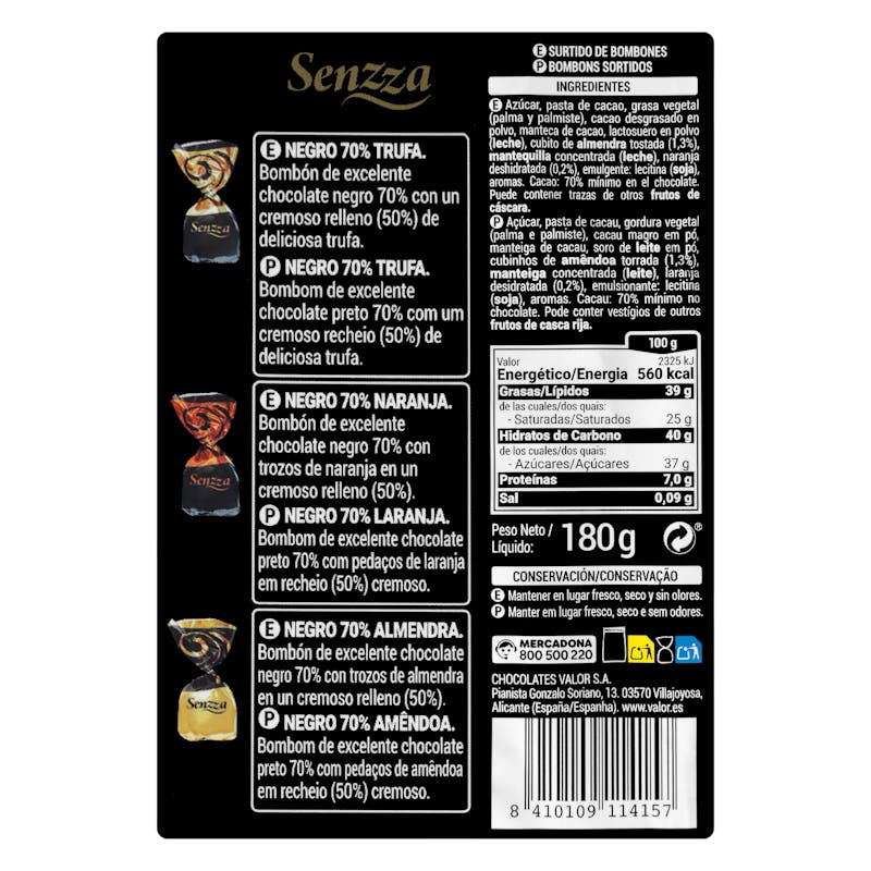 Surtido bombones Senzza de chocolate negro 70% contiene de trufa, naranja y almendra — otra vista del envase