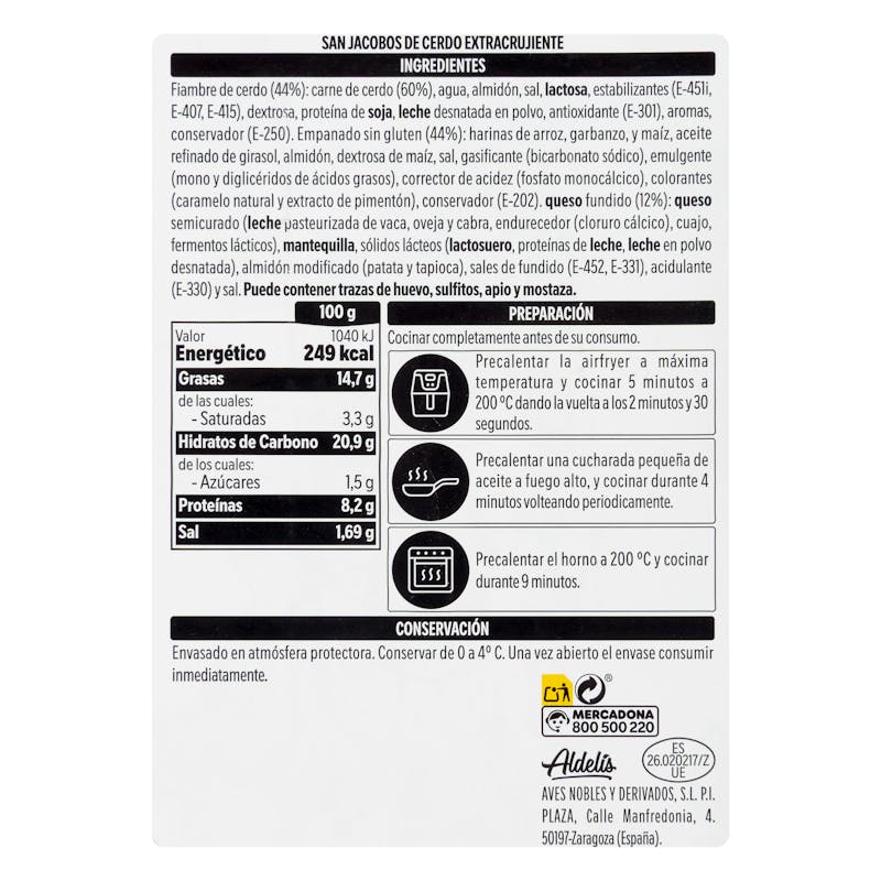 San Jacobos de cerdo sin gluten — otra vista del envase