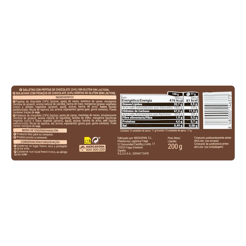 Galletas cookies sin gluten y sin lactosa Hacendado — otra vista del envase