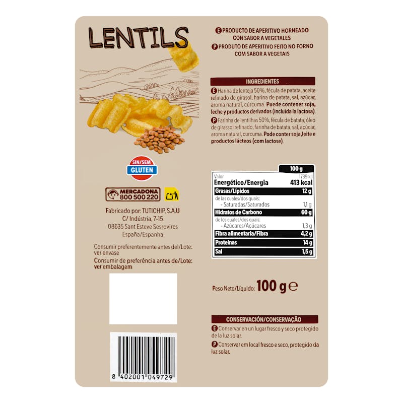 Snack de lentejas horneado Lentils Hacendado — otra vista del envase
