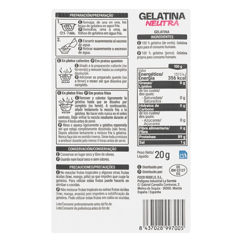 Gelatina neutra en láminas Foodsy — otra vista del envase