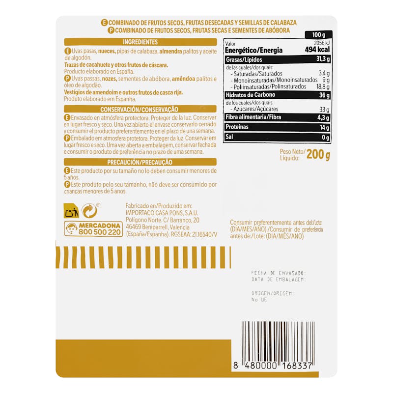 Combinado frutos secos Hacendado compuesto por pasas, nueces, pipas de calabaza y almendras — otra vista del envase
