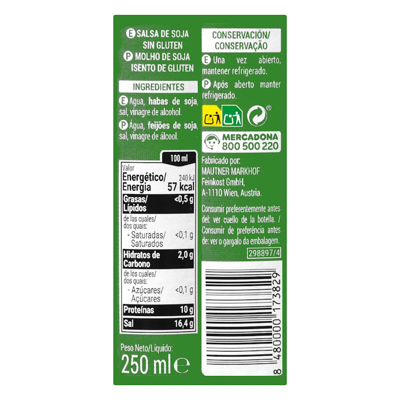 Salsa de Soja sin gluten Hacendado — otra vista del envase