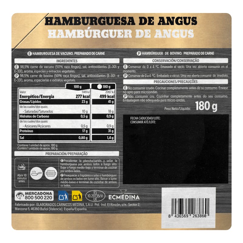 Burger de vacuno angus — otra vista del envase