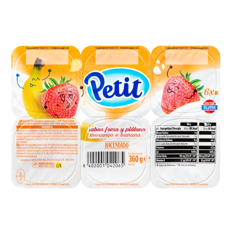 Petit sabor fresa y plátano Hacendado — otra vista del envase