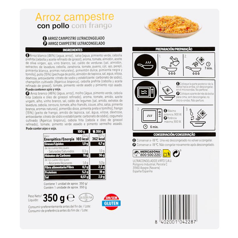 Arroz campestre con pollo Hacendado ultracongelado — otra vista del envase
