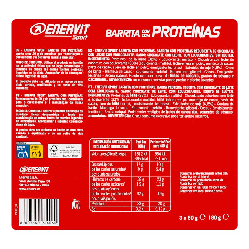Barrita con proteínas sabor chocolate con leche Enervit Sport — otra vista del envase