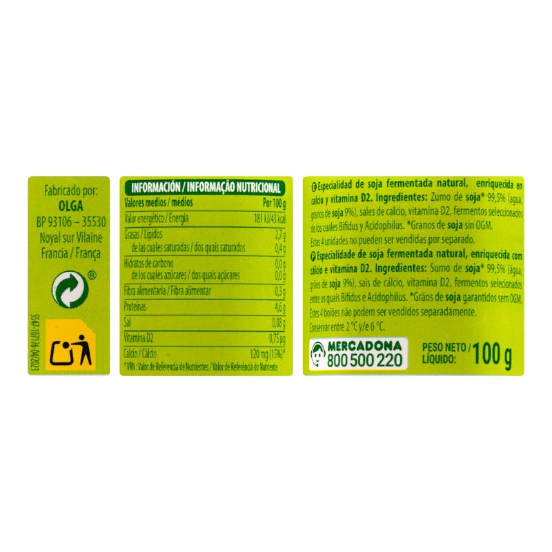 Postre de soja natural Hacendado — otra vista del envase