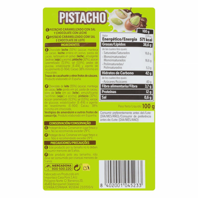 Pistachos bañados de chocolate con leche Hacendado con sal — otra vista del envase