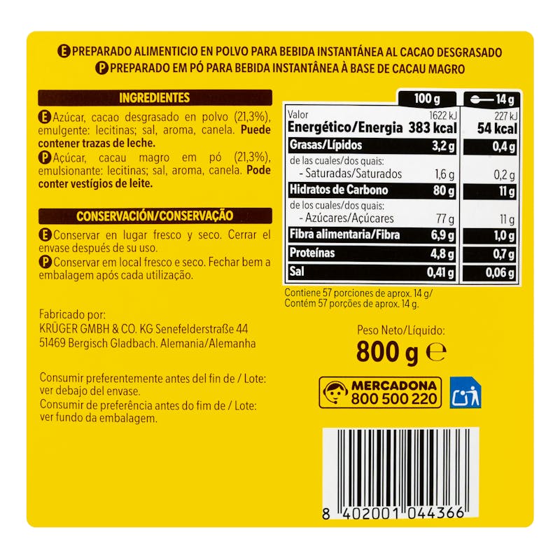 Cacao soluble instantáneo Hacendado — otra vista del envase