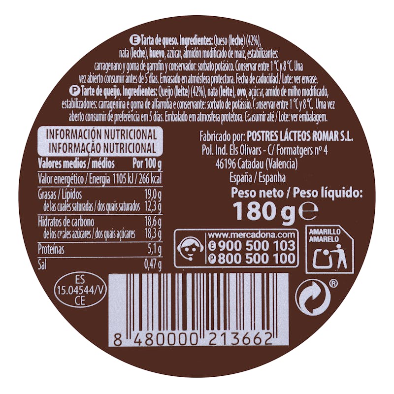 Tarta de queso Hacendado — otra vista del envase