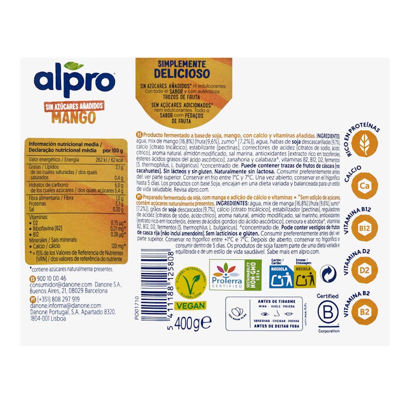 Postre de soja sabor mango Alpro sin azúcares añadidos — otra vista del envase