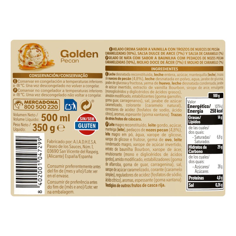 Helado golden pecan Hacendado sabor vainilla con trozos de nueces de pecán, salsa dulce de arce y caramelo — otra vista del envase