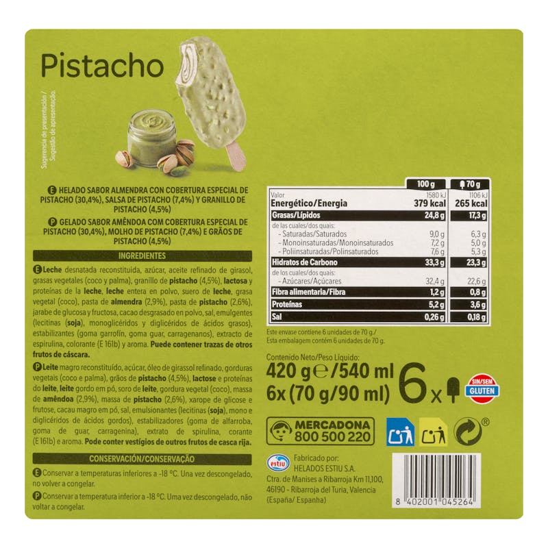 Helado bombón pistacho Hacendado sabor almendra con salsa de pistacho — otra vista del envase