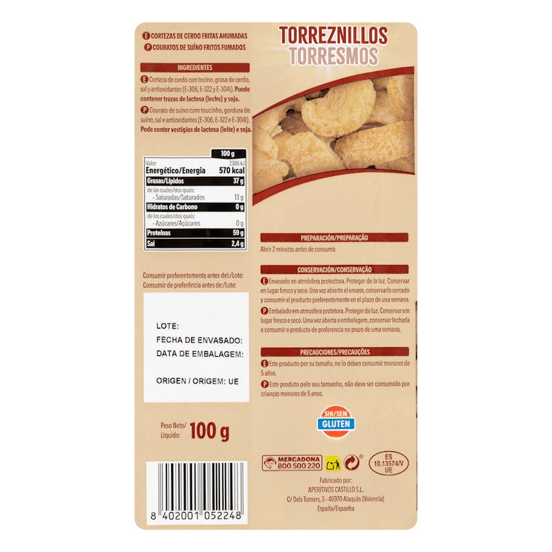 Torreznillos Hacendado cortezas de cerdo fritas ahumadas — otra vista del envase