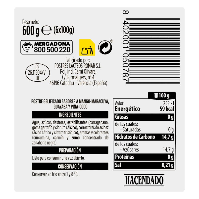 Gelatina sabores mango maracuyá, guayaba y piña coco Hacendado — otra vista del envase