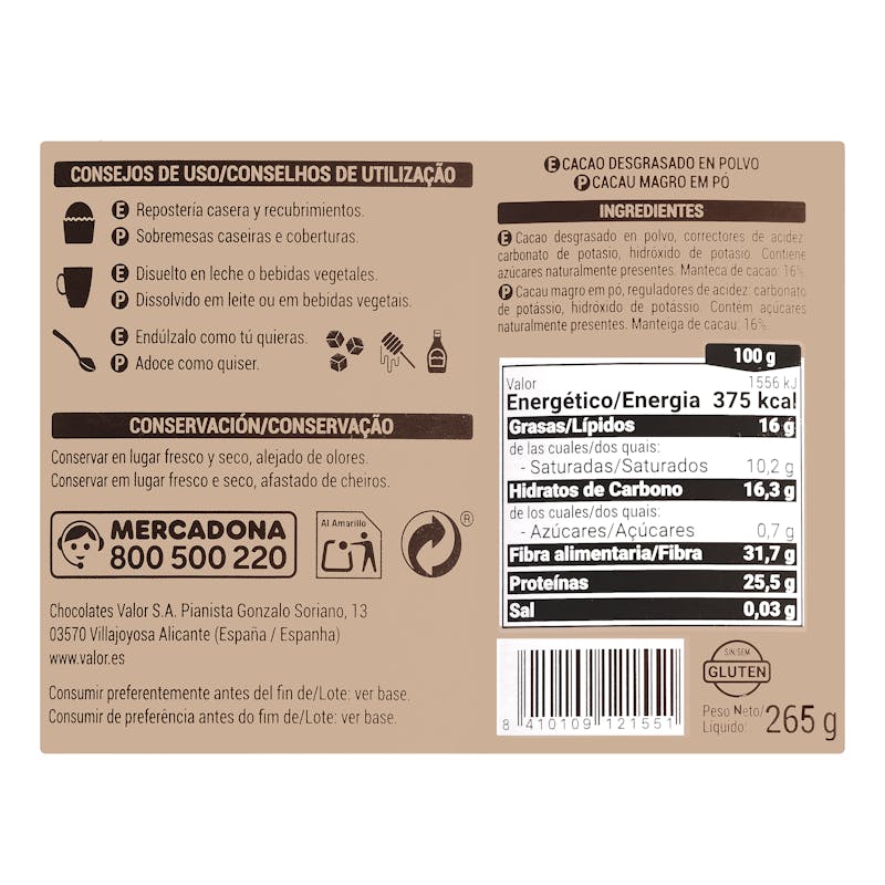 Cacao puro en polvo La Chocolatera 0% azúcares añadidos — otra vista del envase