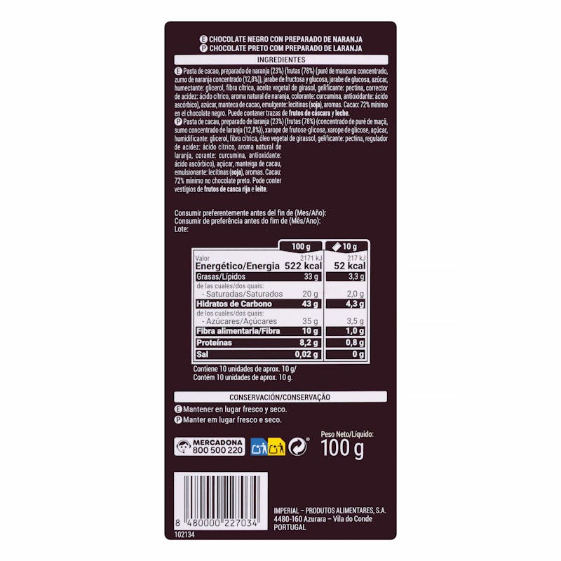 Chocolate negro 72% cacao Hacendado con trozos de naranja — otra vista del envase