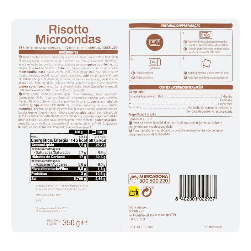 Risotto de setas para microondas Hacendado ultracongelado — otra vista del envase