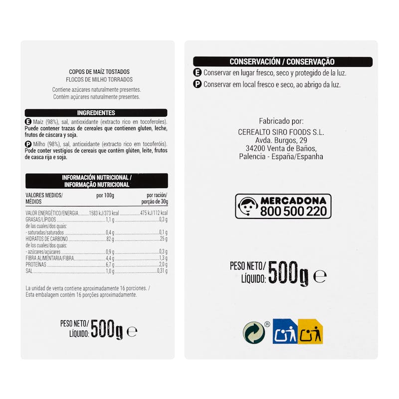 Cereales copos de maíz Corn Flakes Hacendado 0% azúcares añadidos — otra vista del envase
