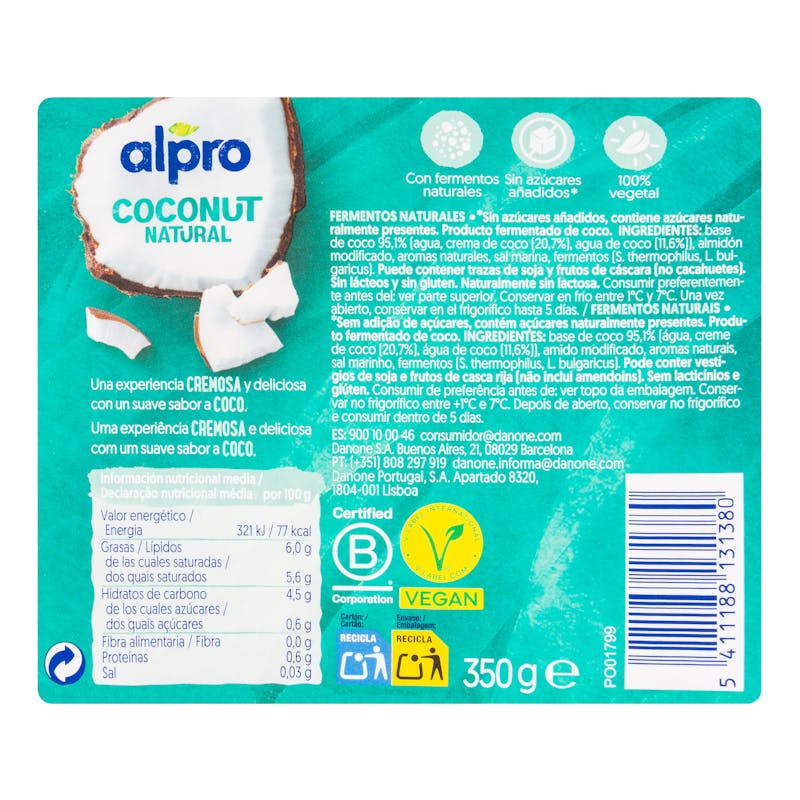 Postre de coco natural Alpro sin azúcares añadidos — otra vista del envase