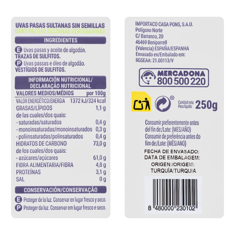 Pasas sultanas sin semillas Hacendado — otra vista del envase